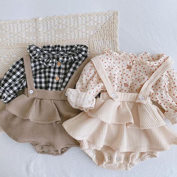 

retro infant clothes spring autumn cotton girls plaid polka dot shirt lotus leaf sling romper newborn baby girls clothes outfits, Blue