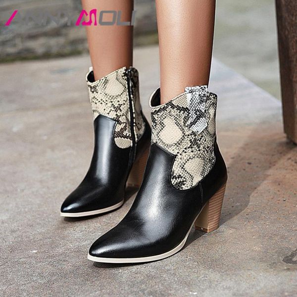 

boots annymoli winter ankle women snake print block high heel western zipper pointed toe shoes female plus size 4-12, Black