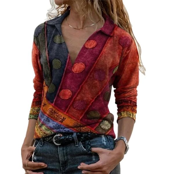 

casual turn-down collar lady shirt for women long sleeve autumn vintage shirt women print pullover loose woman tshirts 210306, White