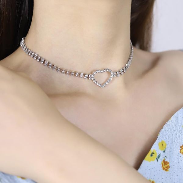 

chokers fashion full diamond love necklace wild short clavicle chain niche design simple choker net red woman jewelry, Golden;silver