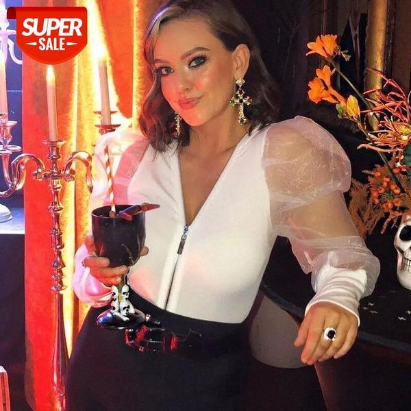 

fashion women leotard bodysuit autumn ladies mesh zipper puff sleeve solid romper jumpsuit clubwear #ii3s, White