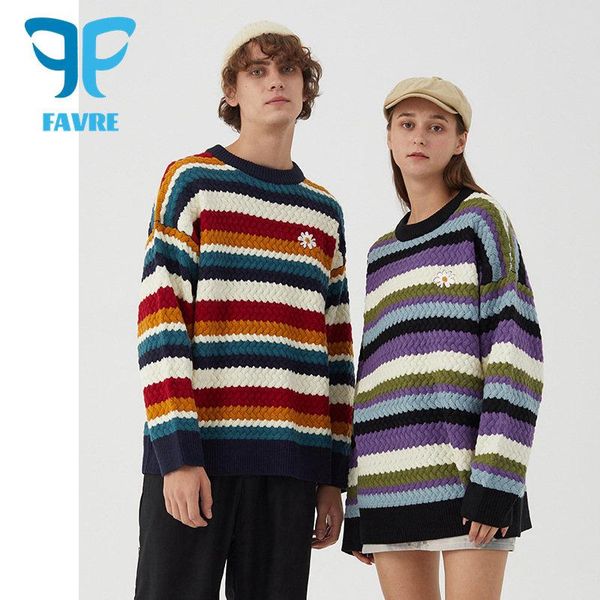 

men's sweaters favre rainbow stripes loose sweater autumn winter men women pullovers embroidered knitted long sleeve harajuku jumpers, White;black