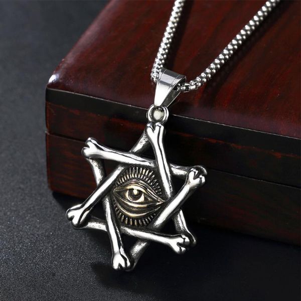 

pendant necklaces retro ason all seeing eye necklace men punk stainless steel biker six-pointed star jewelry, Silver
