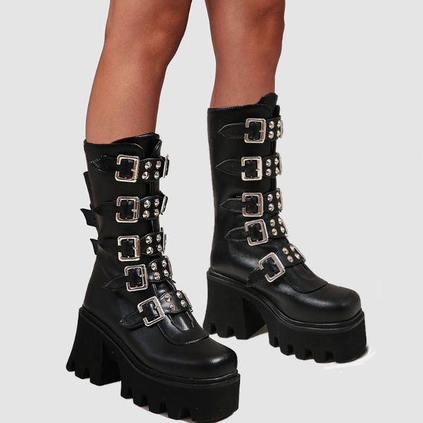 

boots big size 44 block high heels winter dropship gothic cosplay women shoes platform fashion street motorcycles, Black