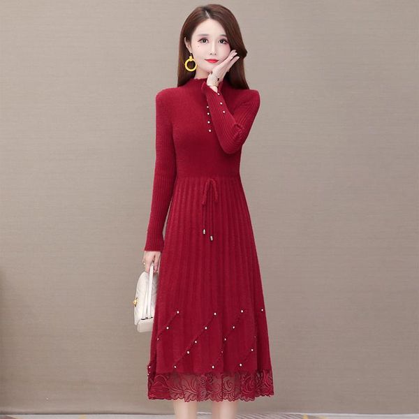 

casual dresses office ladies style solid woman's sweater dress long sleeve half neck pullover elegant mid-length plus size kniwear, Black;gray