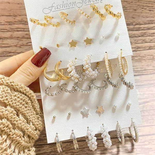 

hoop & huggie fashion pearl mixed small earrings set for women geometirc gold metal circle brinco female trend jewelry gift, Golden;silver