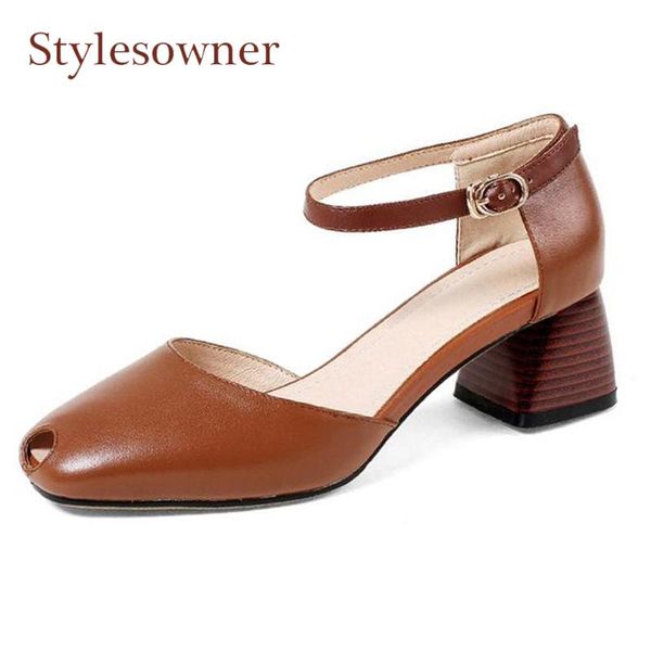 

dress shoes stylesowner fashion two piece hollow out women pumps ankle strap genuine leather chunky heel mary jane summer sandals, Black