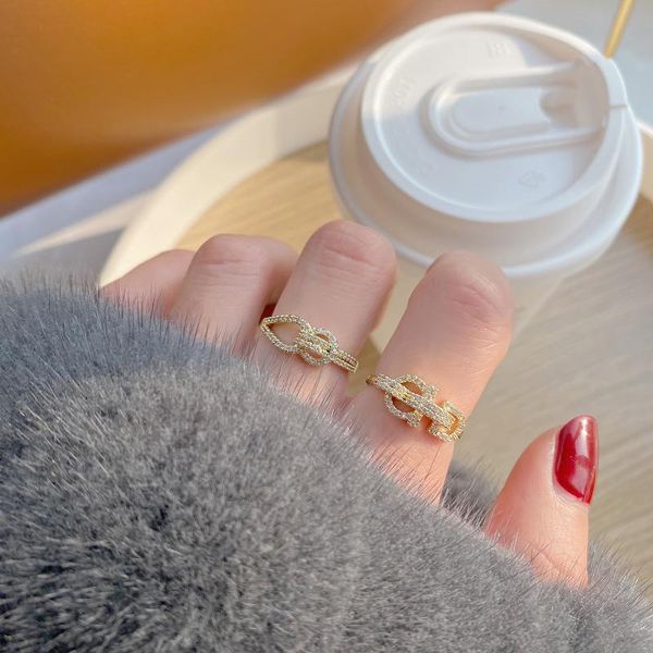 

cluster rings 14k real gold micro-inlaid zircon design sense knot buckle fashionable open cz ring for women, Golden;silver