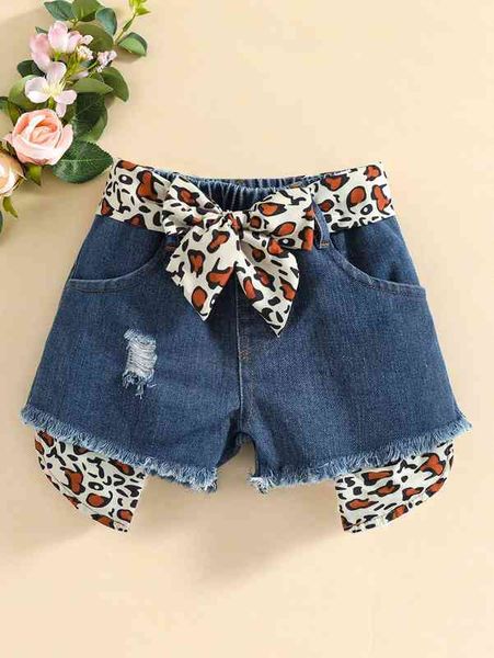 Baby-Jeansshorts mit Leopardenmuster, zerrissenem, ausgefranstem, rohem Saum und Gürtel SIE