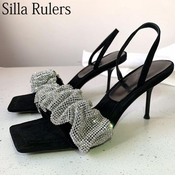 

new 2021 summer rhinestone high heels sandals woman one strap square toe silk sandals woman wendding shoes party shoes for, Black