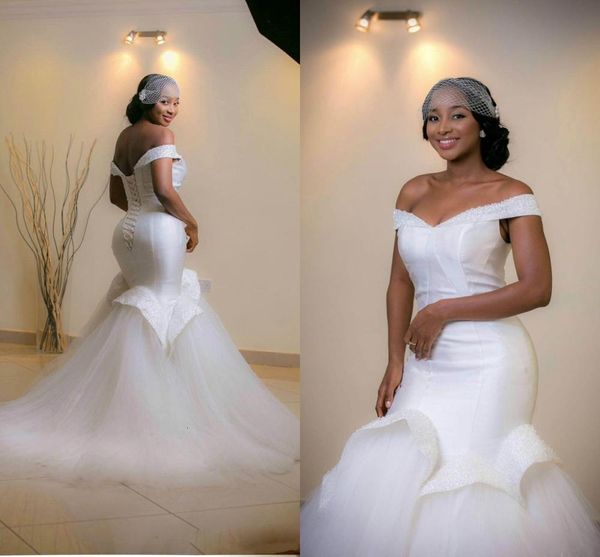 

2021 new african beading mermaid es vestido de noiva black girl women off the shoulder wedding gowns bridal v68f, White
