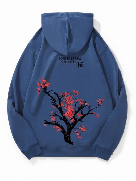 

men japanese letter & tree print kangaroo pocket drawstring hoodie j1dz#, Black