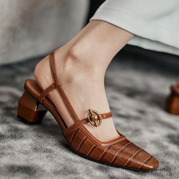 

sandals summer 2021 boottoe sandal for women with chunky heels and square toe mary jane shoes cowhide vintage, Black