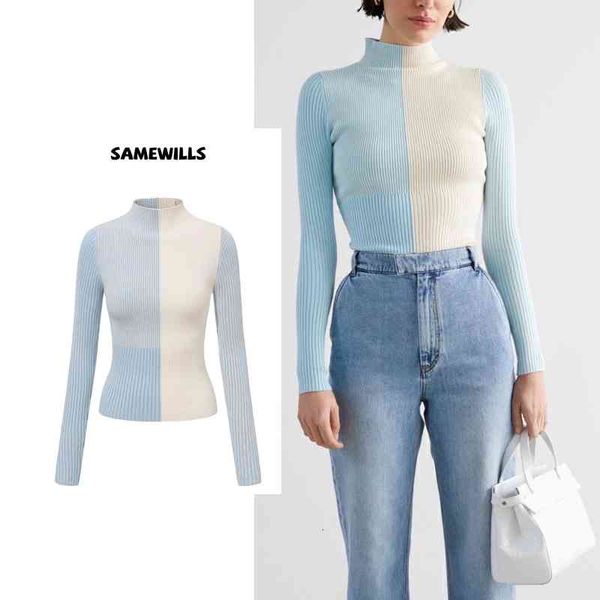

women's sweaters european french elegant slim warm contrast color half high collar stitched sweater rfbv, White;black