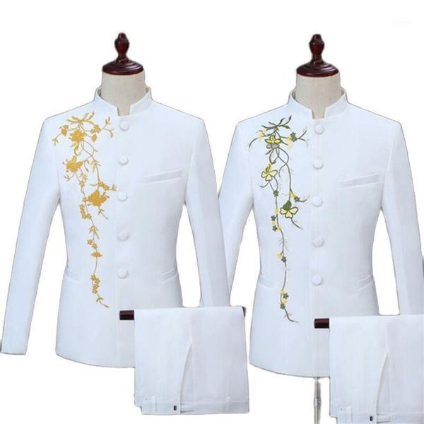 

men's suits & blazers embroidery chinese tunic suit blazer men set with pants mens wedding costume singer stage clothing formal dress, White;black