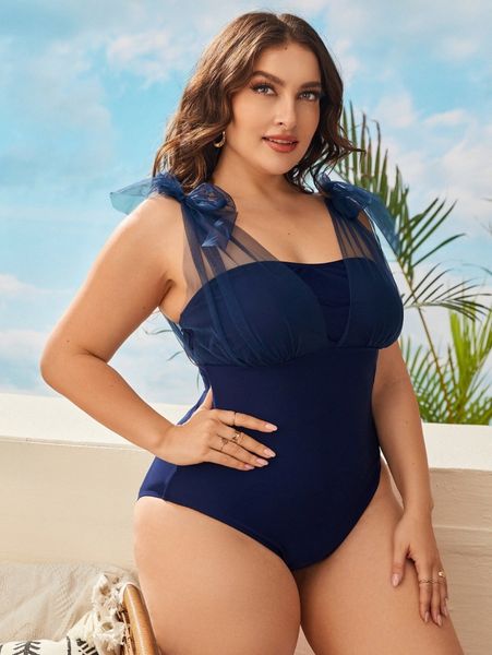 

plus contrast mesh one piece swimsuit p6gd#, Black