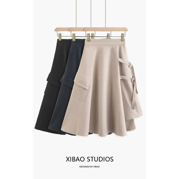 

skirts thin female port of autumn and winter wind tall waist long irregular a word in the big pendulum umbrella skirt, Black