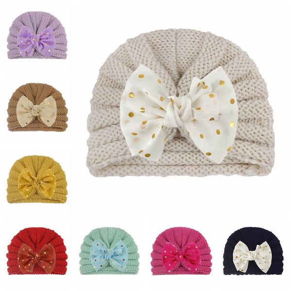 

beanies toddler soft skin-friendly warm knitting wool caps cute gold dots bowknot infant hats bows headwear christmas gift po props