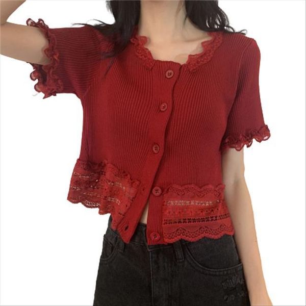 

patched lace o neck womens sweater knitted cardigans women single breasted buttons short sleeve thin summer crop female, White;black