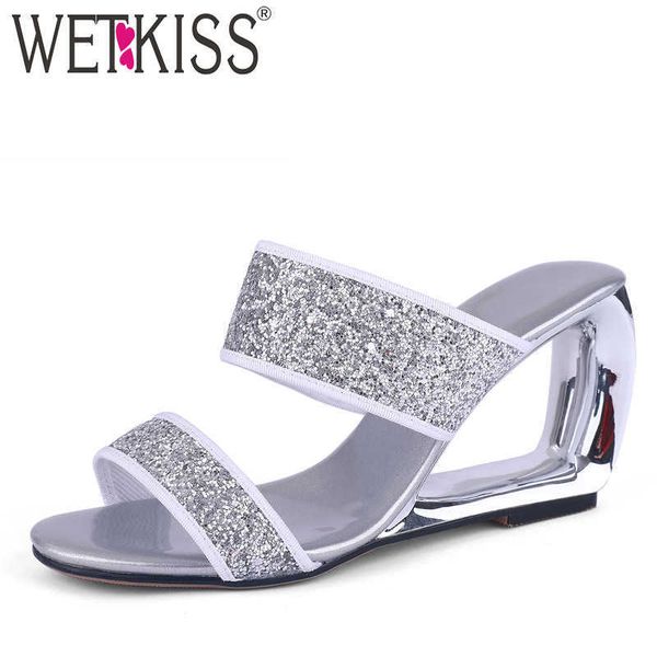 

wetkiss sequined slippers woman open toe footwear unusual heels high slides shoes mules bling shoes woman summer 210630, Black