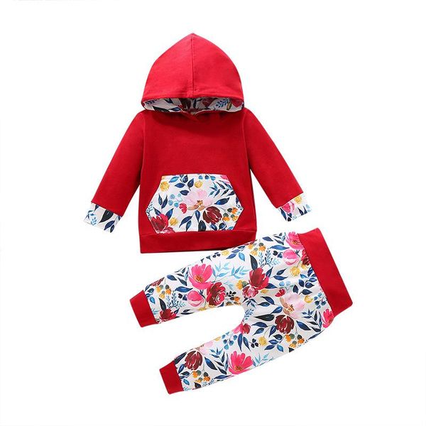 

clothing sets baby girl boy floral hooded clothes set kids red printing pullover +pants sweatshirt for born winter 0-3y, White