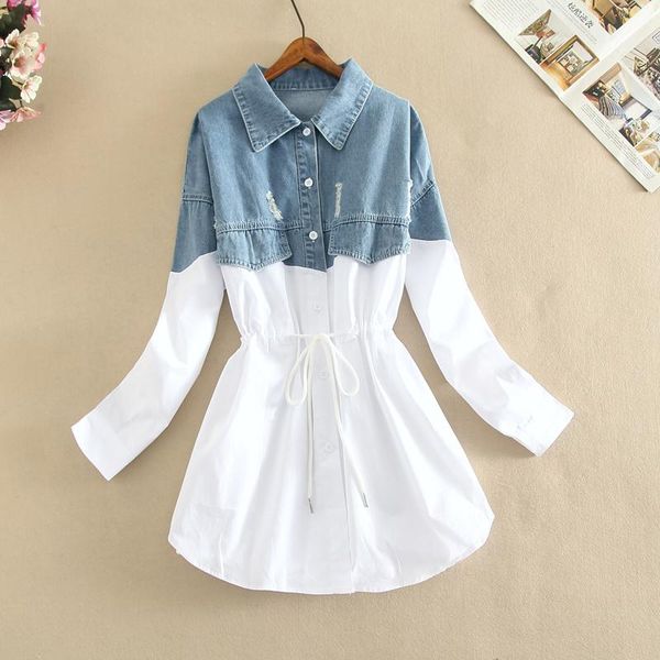 

women's jackets autumn contrast color women denim patchwork shirts cotton long sleeve single breasted drawstring ruched ruffle jacket c, Black;brown