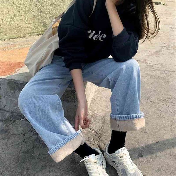 

winter warm casual women jeans wide leg thick korean fashion harajuku loose straight vintage denim pants streetwear, Blue
