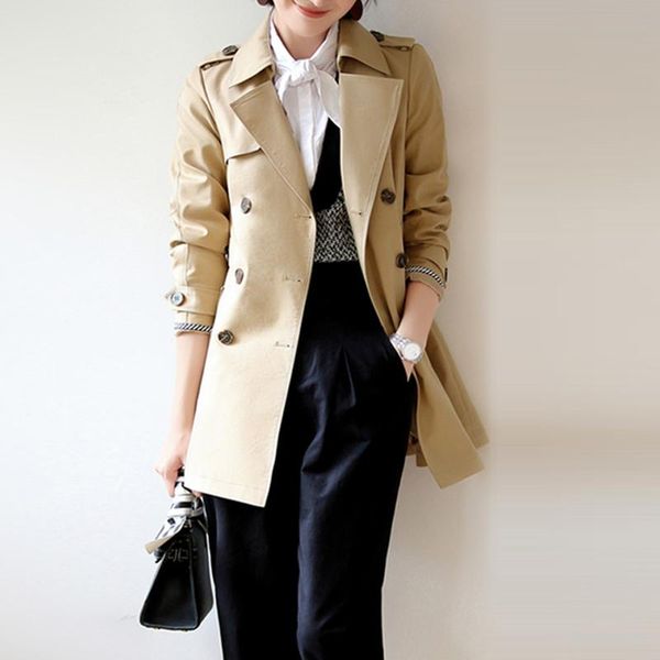 

women's trench coats windbreaker double-breasted short fashion slim long-sleeved jacket 2021 holiday spring / autumn coat, Tan;black