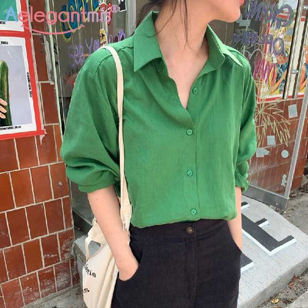 

aelegantmis vintage korean women solid green blouse shirt spring stylish retro female high street long sleeve fashion 210607, White