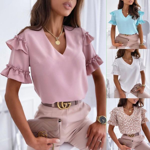 

women's blouses & shirts summer female blouse ruffles v-neck short sleeve transparent for woman femme blusas mujer 2021, White