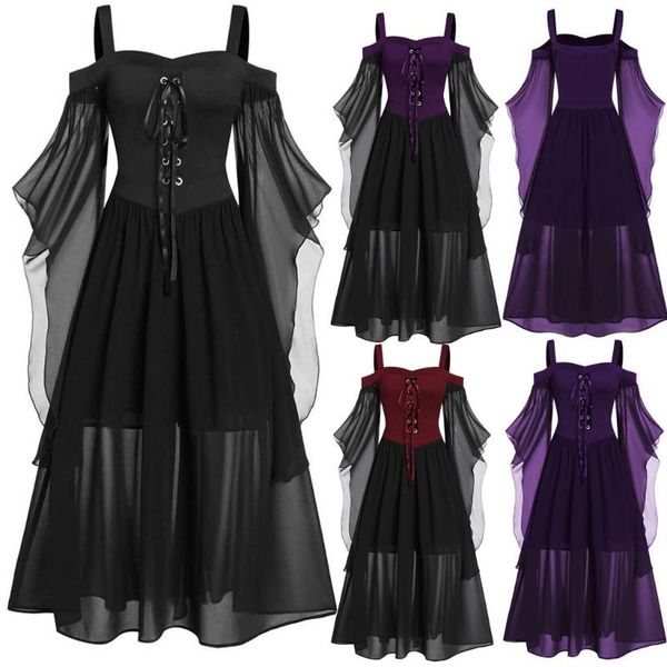 

casual dresses women gothic dress plus size cold shoulder lace up halloween maxi long winter, Black;gray