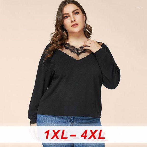

women's t-shirt 2021 female autumn plus size for women large long sleeve loose casual see through shirt lace black v neck, White