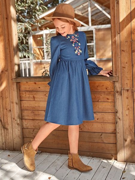 

girls flounce sleeve floral embroidery dress she, Red;yellow