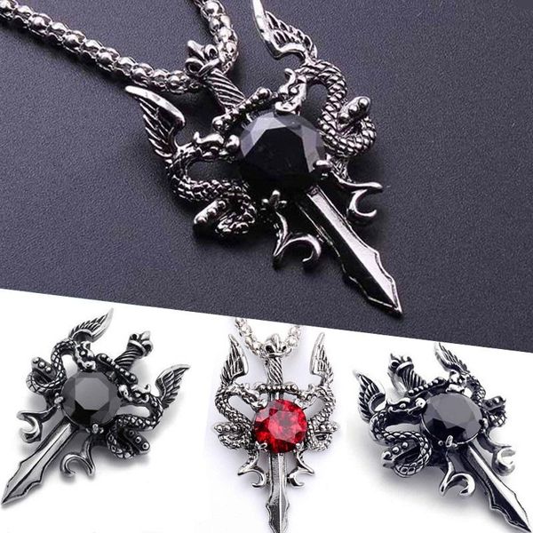 

pendant necklaces retro gothic double dragon dagger crystal men women zircon silver color punk necklace trend party jewelry