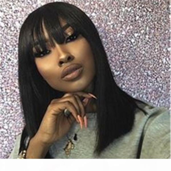 

unprocessed human hair lace front wig brazilian hair straight wig bob haircut short bob wigs for black women natural women's mid length, Black;brown