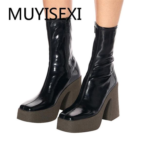 

boots autumn winter brand bootselastic leather shoes for women ankle platform high heels balck brown femaley20 muyisexi, Black