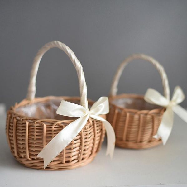 

storage baskets 2 pcs rattan woven flower basket hand-held wedding party decorative kitchen container 2021