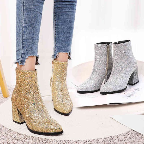 

dress shoes ladies ankle boots sequined fashion zipper thick high heels pointed toe winter gold silver green women chelsea acxi, Black