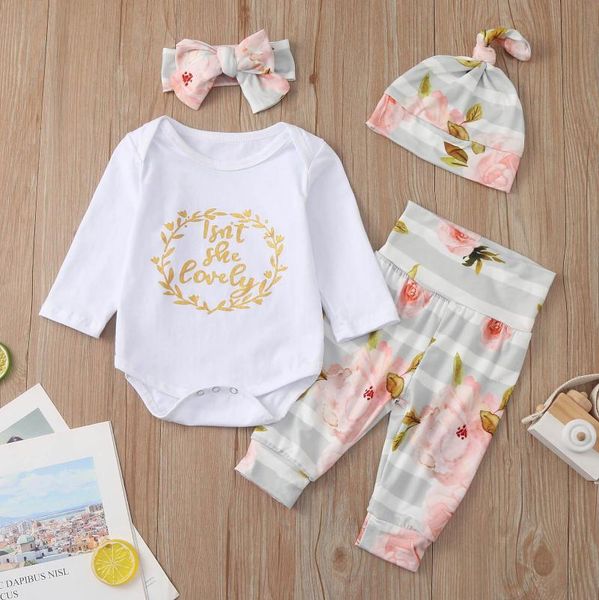 

clothing sets autumn winter baby clothes born infant girl letter romper+floral stripe pants headbands casual outfits set, White