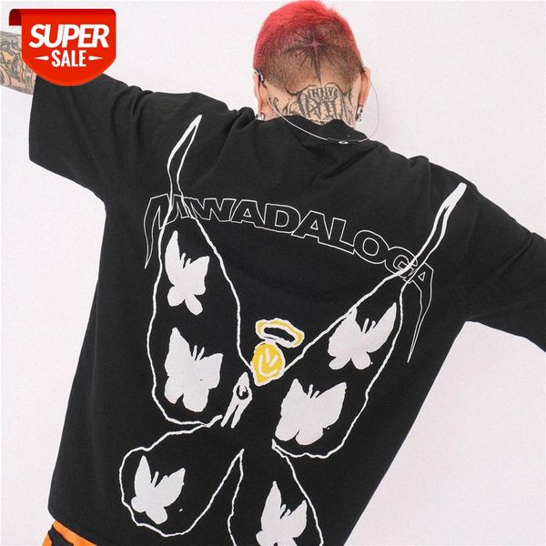

streetwear men dark funeral butterfly print retro high street sub-wind short-sleeved t-shirt oversize loose couple tee #a30m, White;black