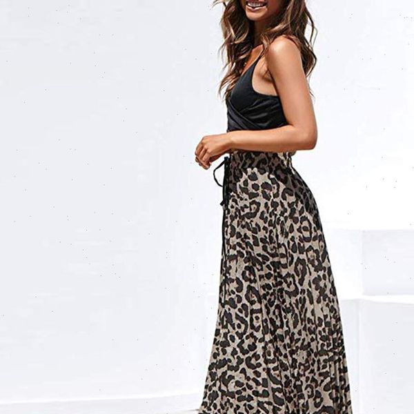 

womens leopard print long drawstring pleated high waisted bohemian maxi skirt beach holiday fashion casual etek faldas, Black