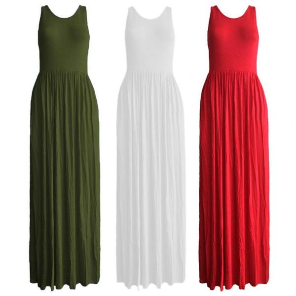 

casual dresses summer women dress racerback style sleeveless o neck solid color pleated large hem maxi streetwear, Black;gray