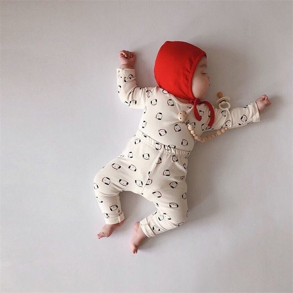 

baby home clothes cartoon print long sleeve set with hat girl 210702, White