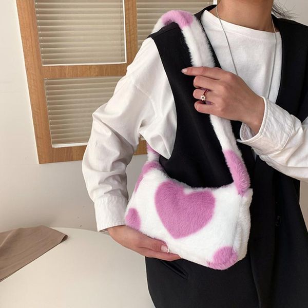 

evening bags 2021 women soft plush shoulder bag heart print small handbags female faux fur underarm fluffy all match winter warm
