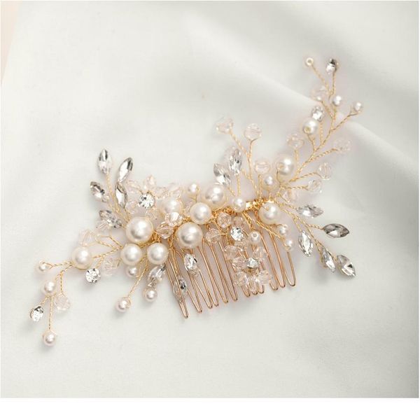 

trendy gold pearl crystal tiara wedding hair combs hair accessories for bridal headpiece women wedding hair jewelry acc qyliny
