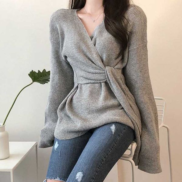 

long full sleeve knitted autumn winter dresse deep v neck casual elastic waist lace up sweater mini dress 210601, White;black