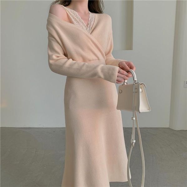 

casual dresses lady social evening party dress sweater v-neck lace patchwork autumn winter high waist vestidos robe femme, Black;gray