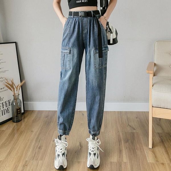 

women's jeans elastic waist 9/10 length capri harem for women s  l xl, Blue