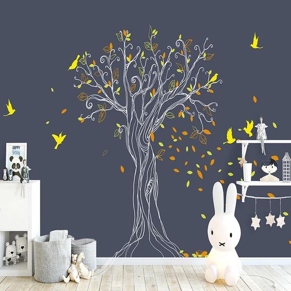 

wallpapers drop modern hand-painted 3d trees and birds mural wallpaper kids bedroom creative art wall painting waterproof stickers