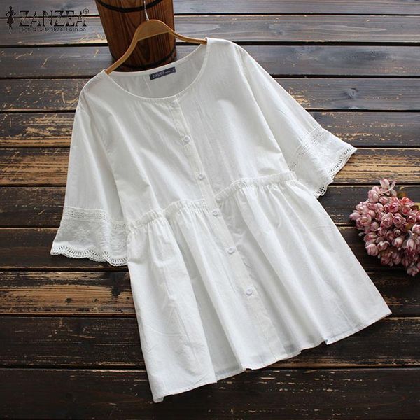 

women's blouses & shirts zanzea 2021 summer short sleeve elegant embroidery female button shirt chemise plus size casual tunic, White